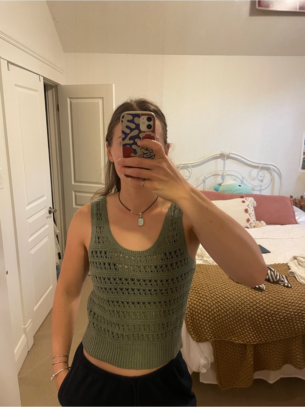 Crochet Knit Tank Top in Olive Green